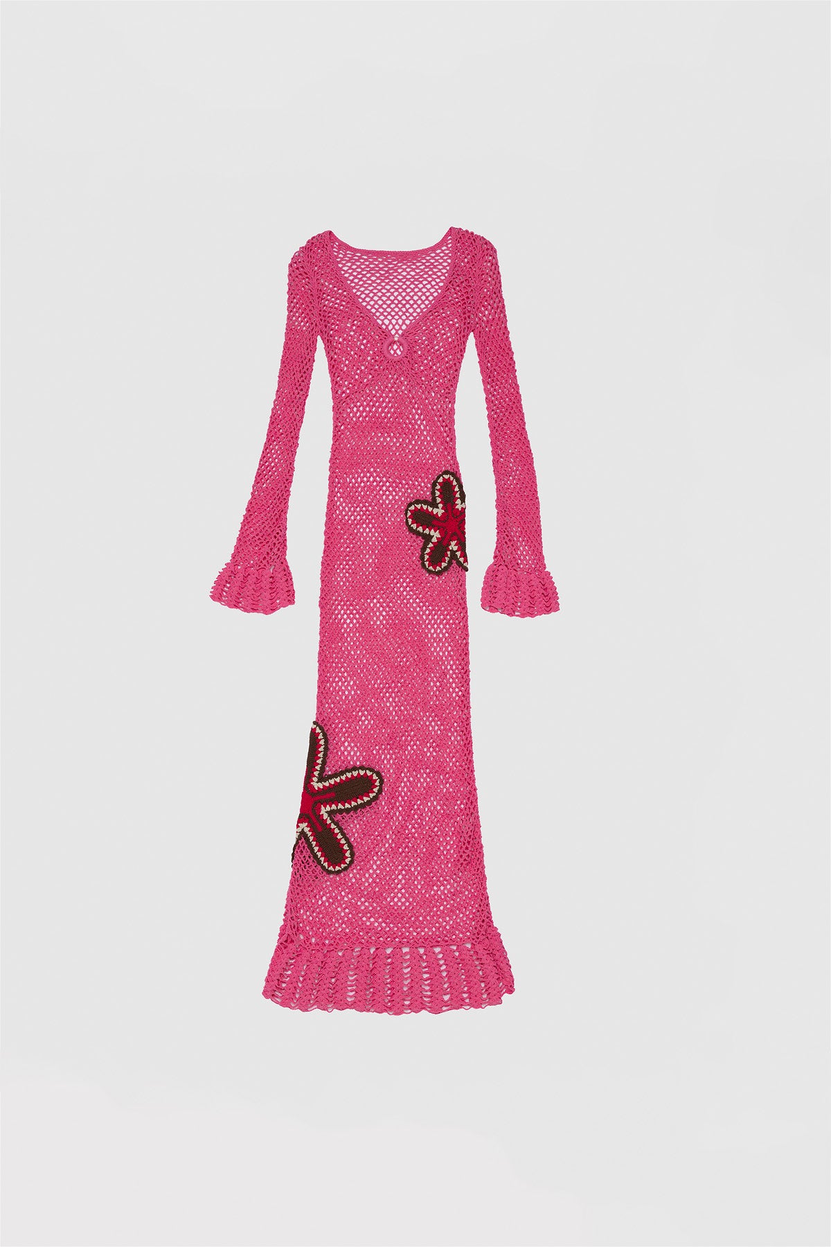 Pink hand-crocheted cotton maxi dress by The Wolf Gang, artisan made in Bali, perfect as a luxe bikini cover-up.
