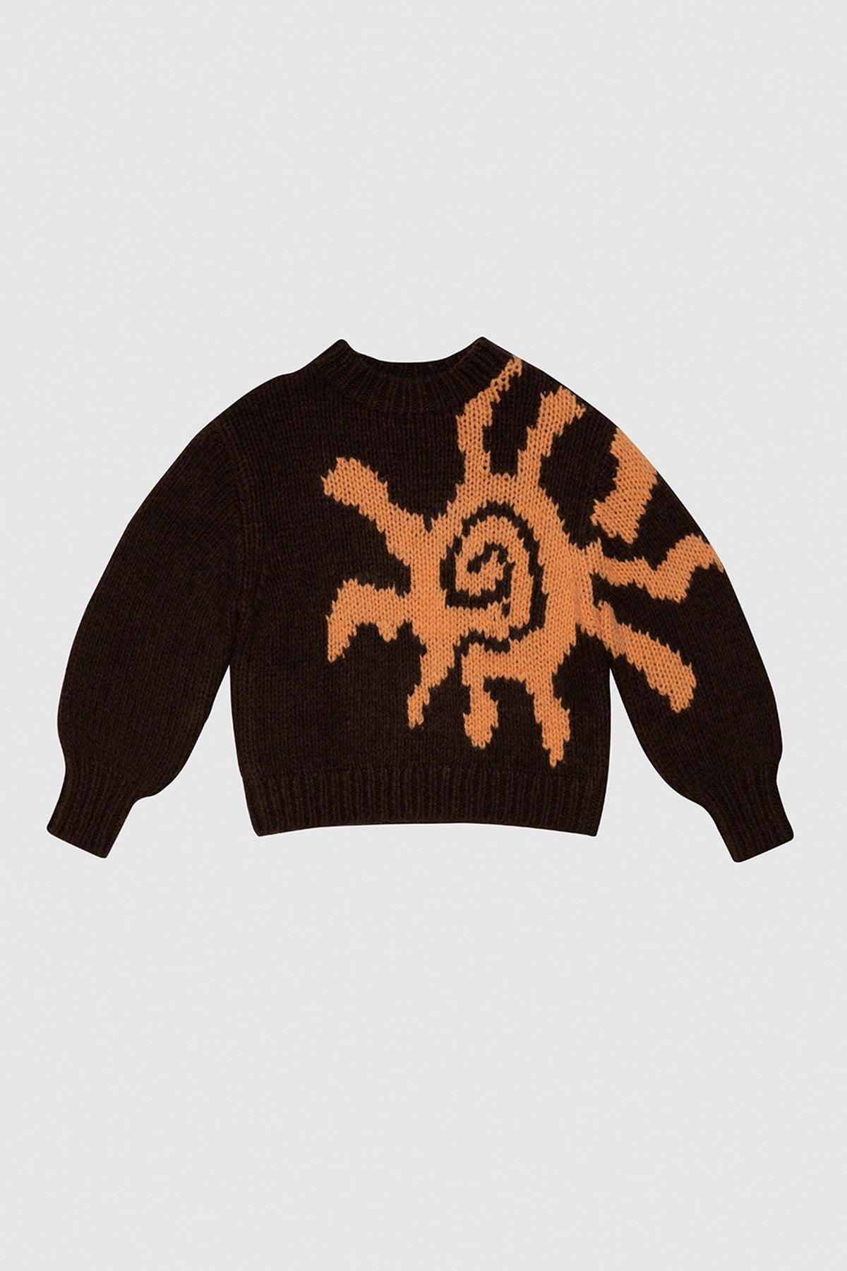 Relaxed fit women’s knit jumper in earthy brown with custom sun motif