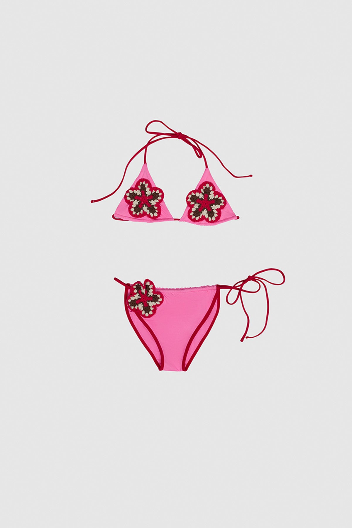 Hot pink hand-crocheted triangle bikini set with adjustable ties by The Wolf Gang, artisan made, sold as a set, perfect for summer.