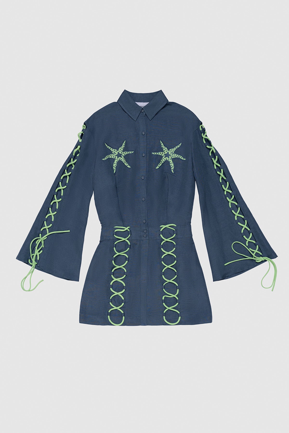 Women's long sleeve mini dress with roped detail and embroidered starfish by The Wolf Gang, perfect for day to night wear.