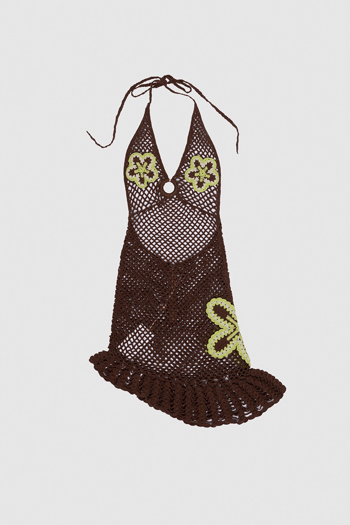 Hand-crocheted cotton mini dress with floral detailing by The Wolf Gang, artisan made in Bali, perfect as a bikini cover-up.