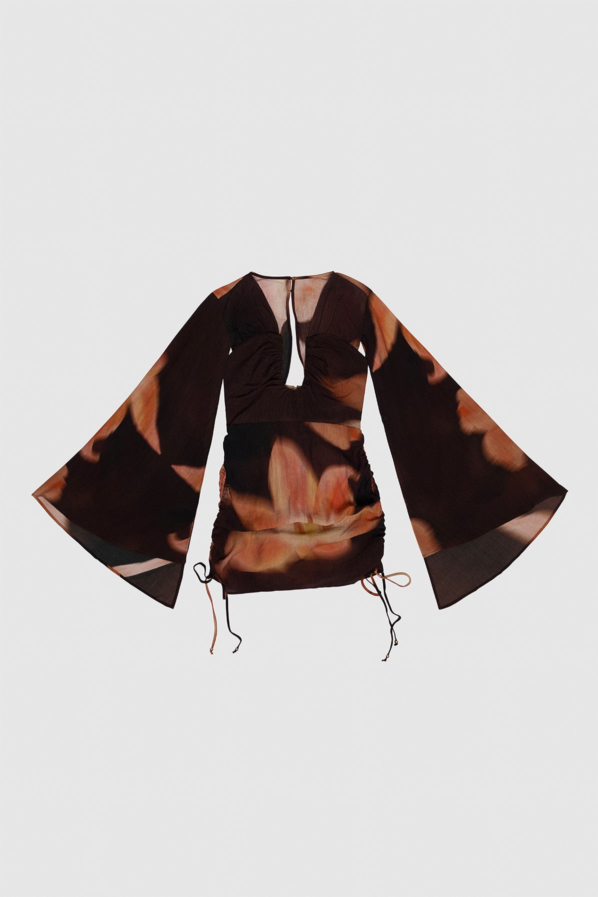 Women's Brown Floral mini dress with ruched skirt and cape sleeves by The Wolf Gang, perfect for parties and nights out.