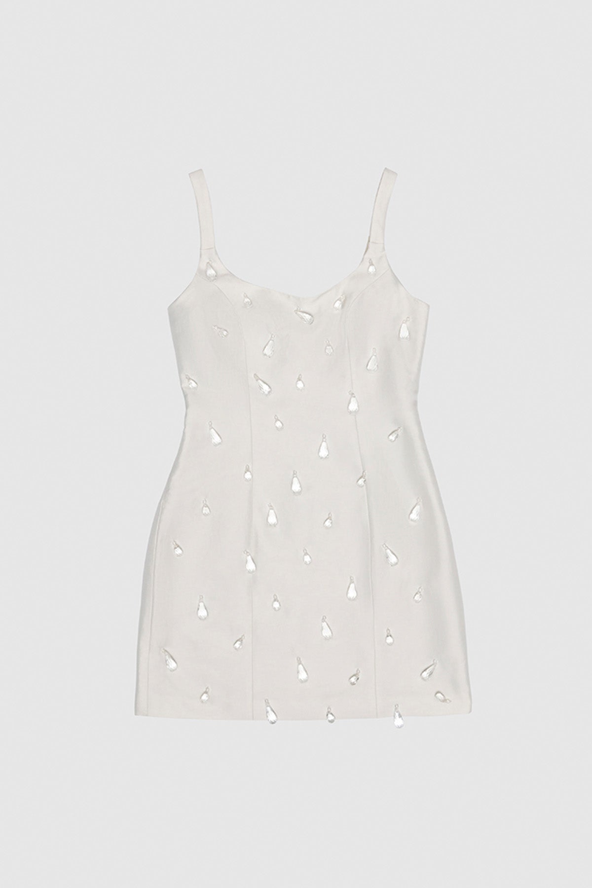 White bridal beaded mini dress with satin finish and zipper back closure.