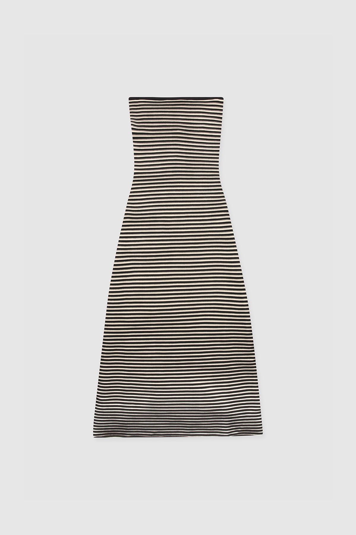 Black & White strapless tonal stripe knit maxi dress with body-con fit, perfect for maternity or event wear.