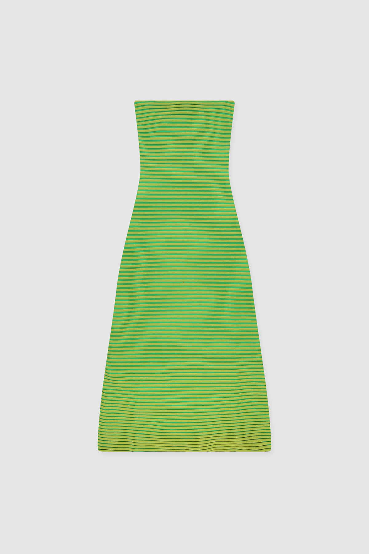 Lime green strapless tonal stripe knit maxi dress with body-con fit, perfect for maternity or event wear.