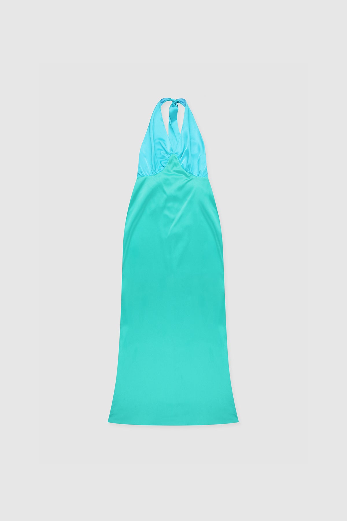 Elegant blue satin bridesmaid slip dress with adjustable tie neck and contrast bodice.