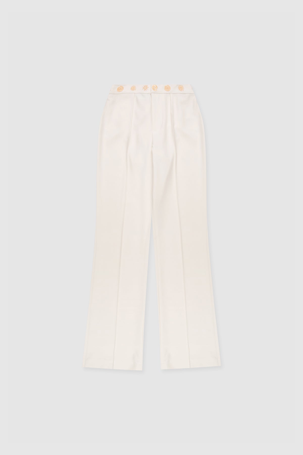 Women’s highwaisted Ivory White Irida Bootcut Pants perfect for brides with pin tuck detail and embroidered waistband—wear solo or as a matching set with Irida Vest Dress.