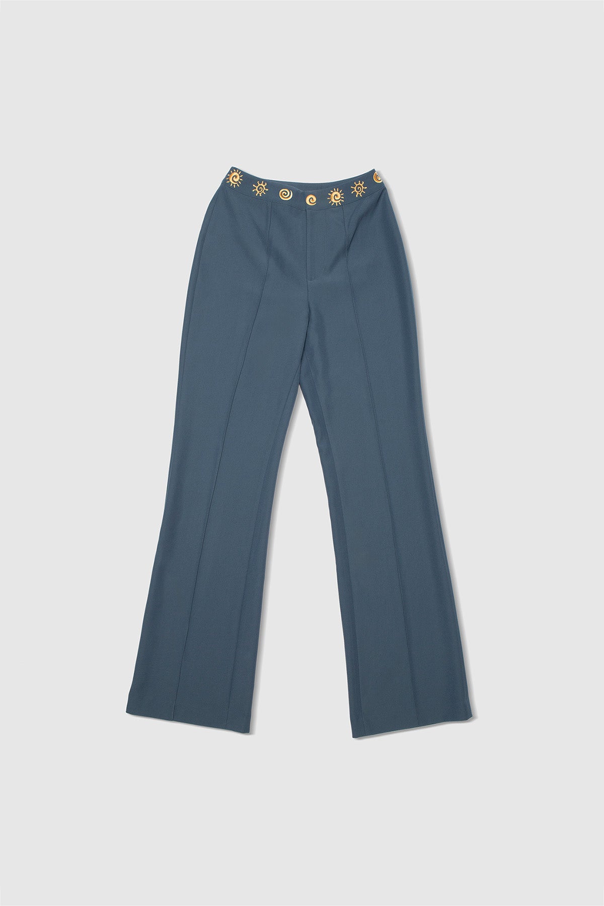 Women’s highwaisted Navy Blue Stone Irida Bootcut Pants with pin tuck detail and embroidered waistband—wear solo or as a matching set with Irida Vest Dress.