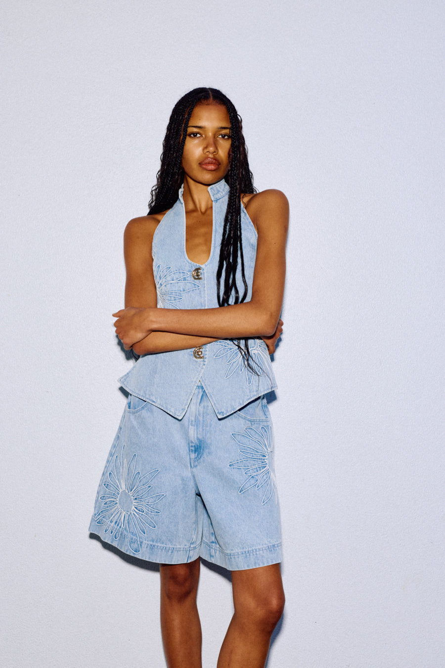 The Wolf Gang Amana Denim Vest and Short in Denim