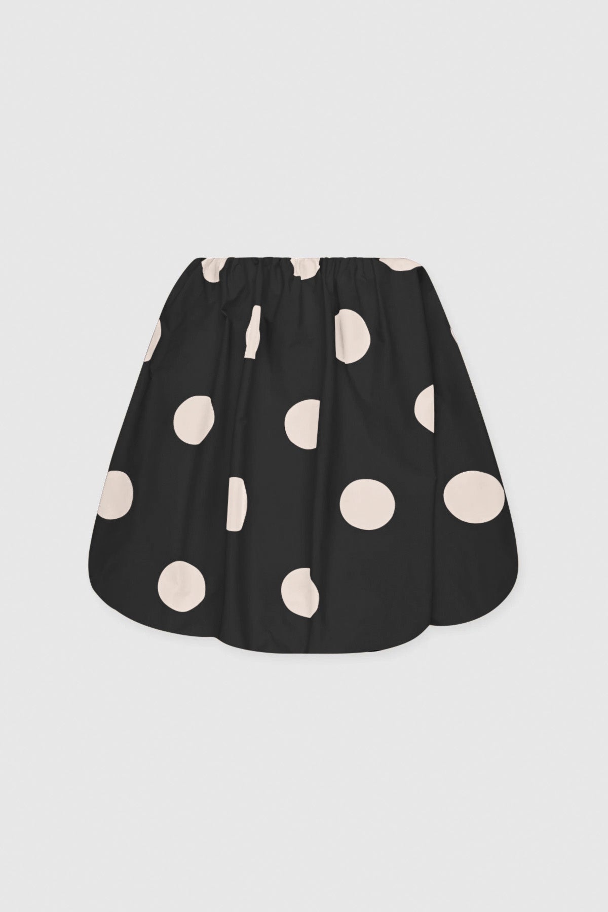 Women’s spotted mini dress with bubble hem, back zip, and internal bra support.