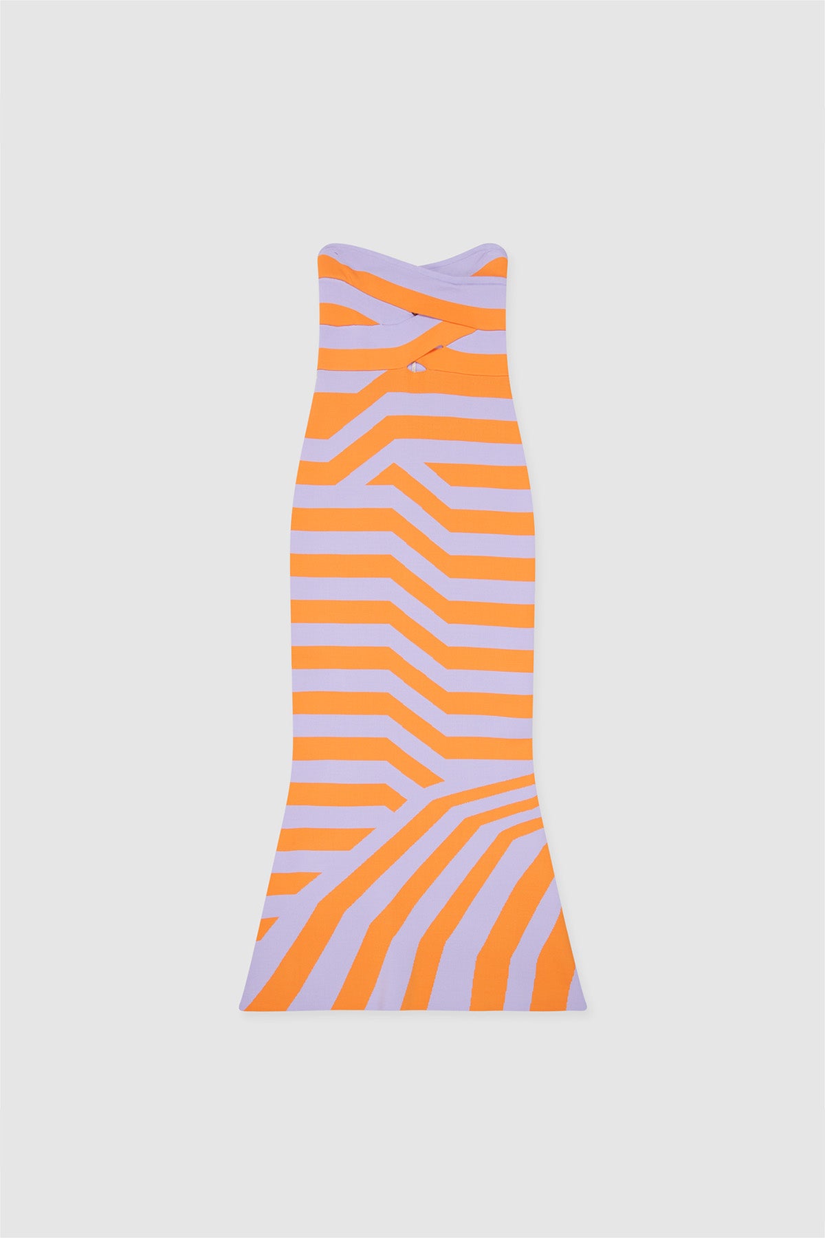 Women’s strapless Maxi Lilac Aude Dress with two-tone knit in Orange and Purple fitted silhouette gold back zip and flared hemline.