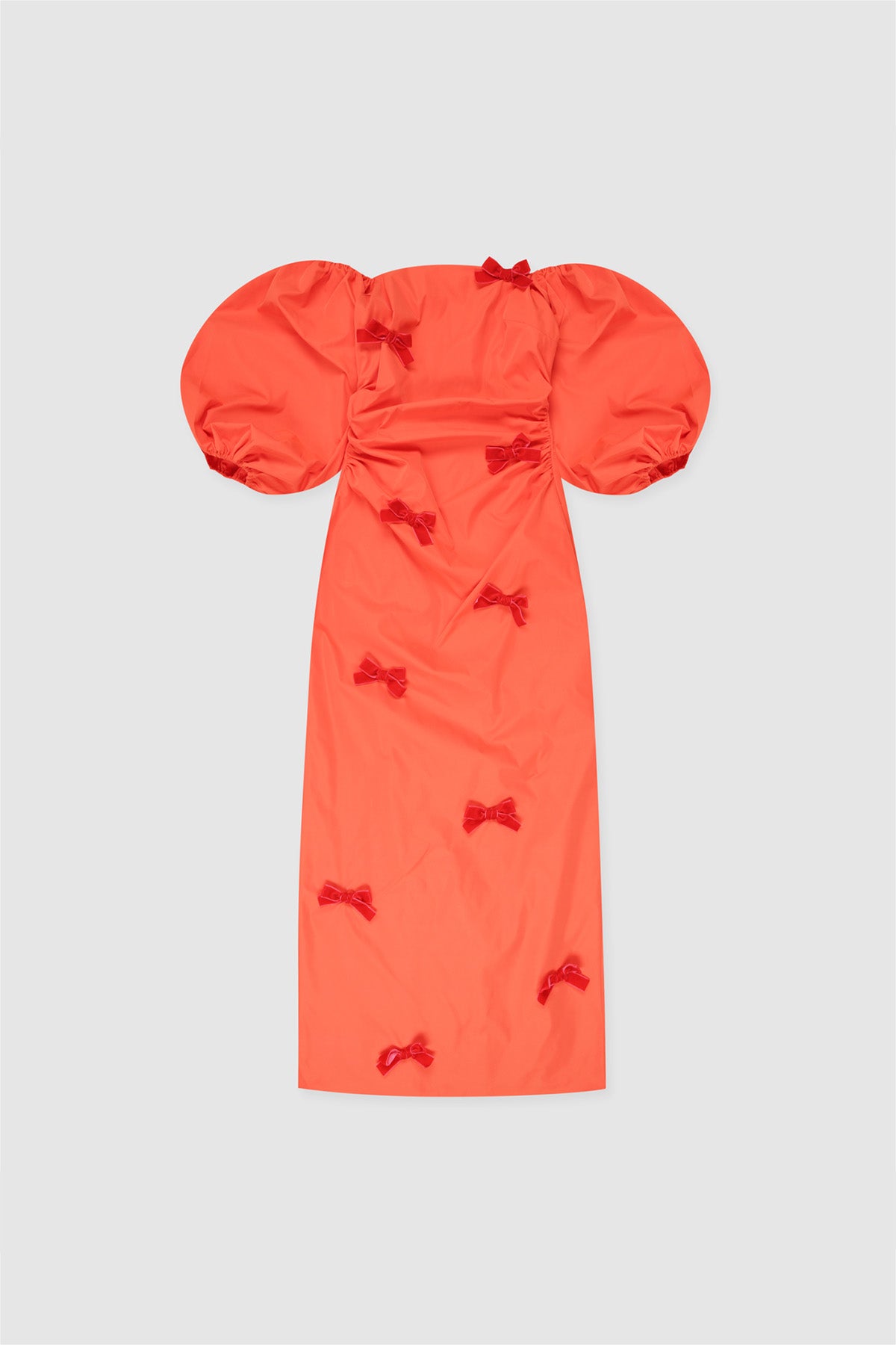 Mid-length off-shoulder dress with elasticated puff sleeves and velvet bow detail by The Wolf Gang, in pink, red, and black.