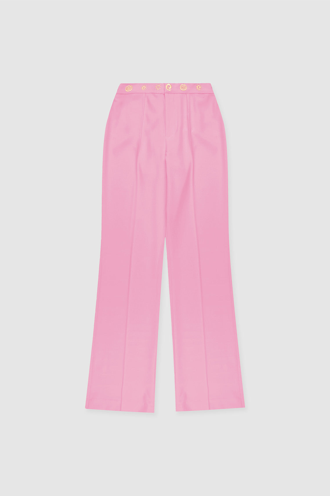 Women’s highwaisted Candy Pink Irida Bootcut Pants with pin tuck detail and embroidered waistband—wear solo or as a matching set with Irida Vest Dress.