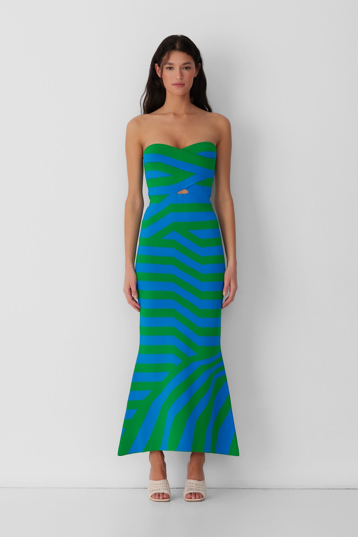 Women’s strapless Maxi Aqua Aude Dress with two-tone knit in Green and Blue fitted silhouette gold back zip and flared hemline.