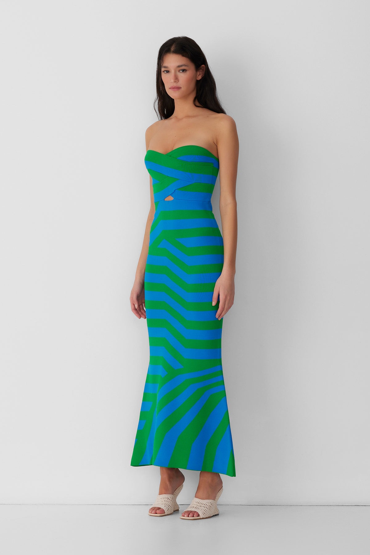 Women’s strapless Maxi Aqua Aude Dress with two-tone knit in Green and Blue fitted silhouette gold back zip and flared hemline.