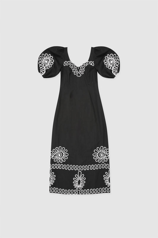 Carmensita Embroidered Midi Dress - Noir