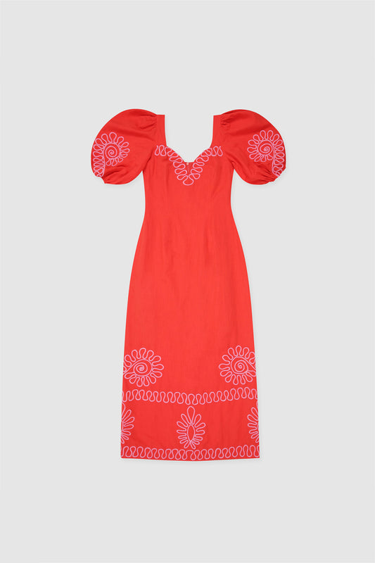Carmensita Embroidered Midi Dress - Rojo