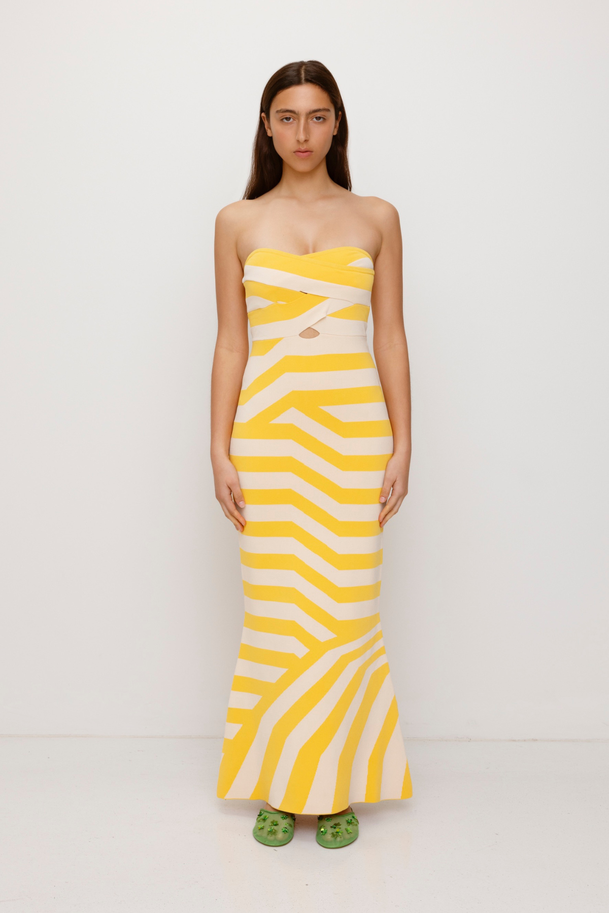 Women’s strapless Maxi Golden Aude Dress with two-tone knit in Yellow and White fitted silhouette gold back zip and flared hemline.