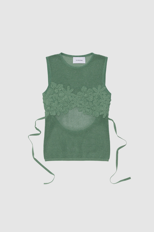 Green stretchy knit top with 3D hand-crochet floral details and metallic lurex finish.
