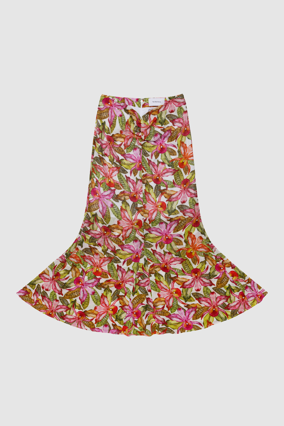 Women's Pink, multi coloured floral maxi skirt by The Wolf Gang, styled to match the ruched Catia Top for an effortless coordinated outfit.