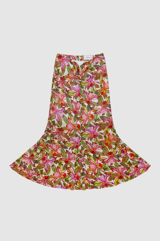 Women's Pink, multi coloured floral maxi skirt by The Wolf Gang, styled to match the ruched Catia Top for an effortless coordinated outfit.