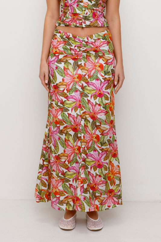 Women's Pink, multi coloured floral maxi skirt by The Wolf Gang, styled to match the ruched Catia Top for an effortless coordinated outfit.