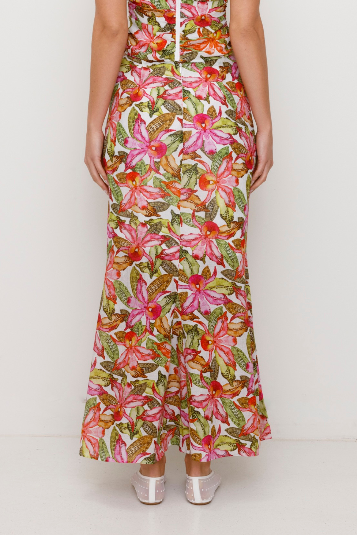 Women's Pink, multi coloured floral maxi skirt by The Wolf Gang, styled to match the ruched Catia Top for an effortless coordinated outfit.