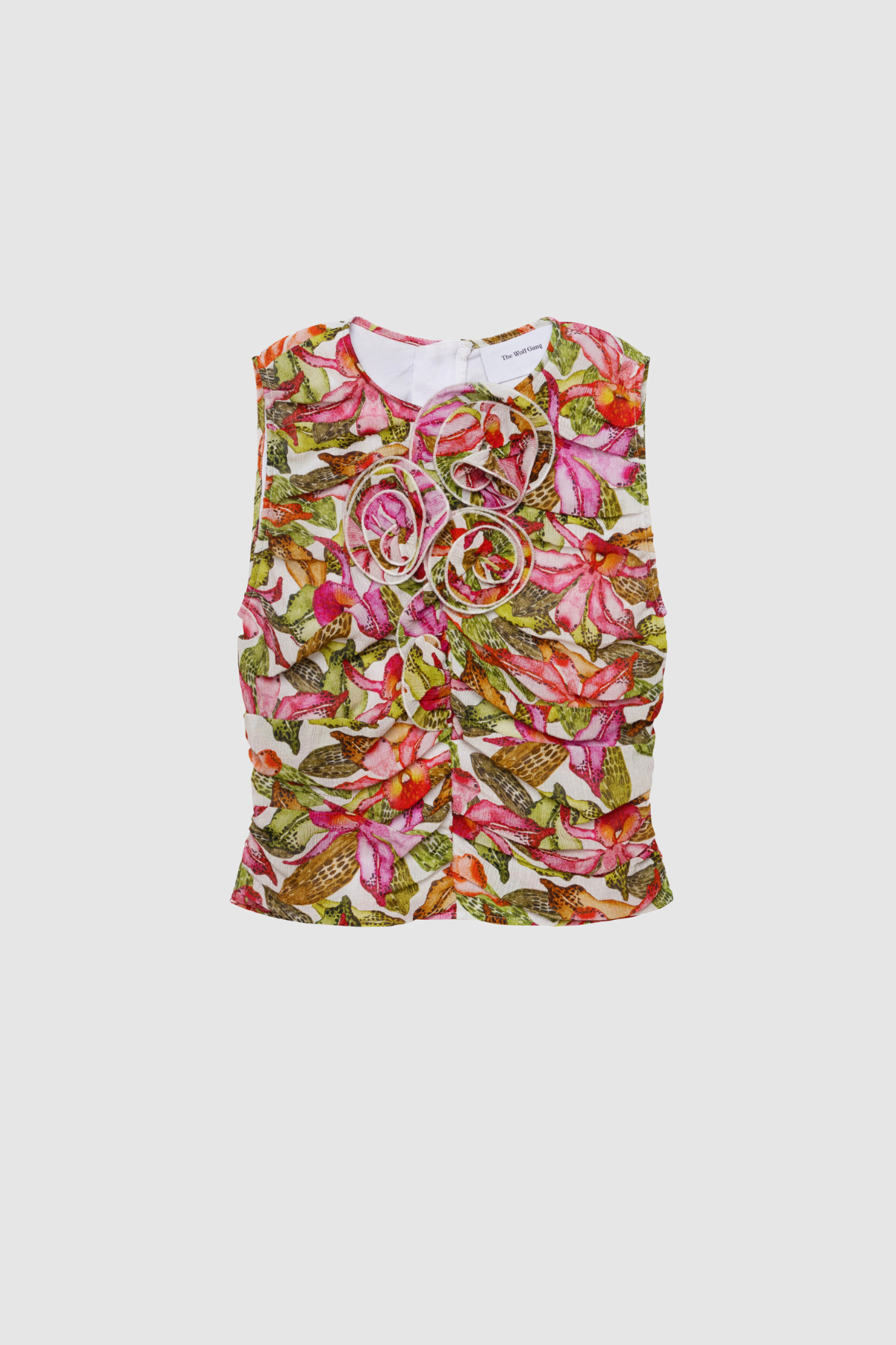 Women's ruched Pink Floral Multi coloured top with 3D floral details by The Wolf Gang, perfect with jeans or matching skirt.