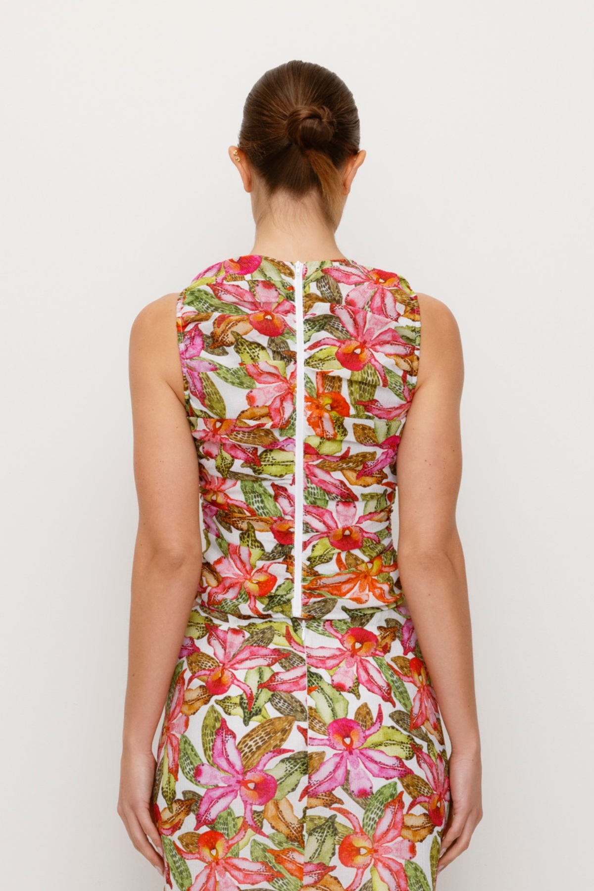 Women's ruched Pink Floral Multi coloured top with 3D floral details by The Wolf Gang, perfect with jeans or matching skirt.