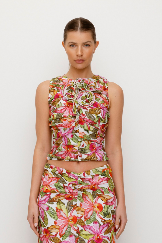 Women's ruched Pink Floral Multi coloured top with 3D floral details by The Wolf Gang, perfect with jeans or matching skirt.