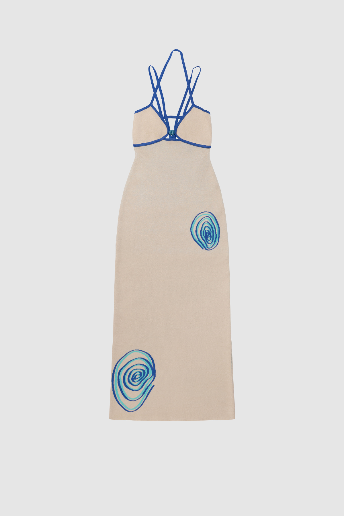 Women’s Blue & Cream Espiral Knit Dress in soft viscose with sea-inspired intarsia motifs contrast straps gem bead detail and body-hugging fit.