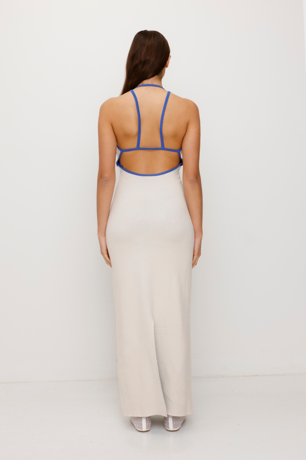 Women’s Blue & Cream Espiral Knit Dress in soft viscose with sea-inspired intarsia motifs contrast straps gem bead detail and body-hugging fit.