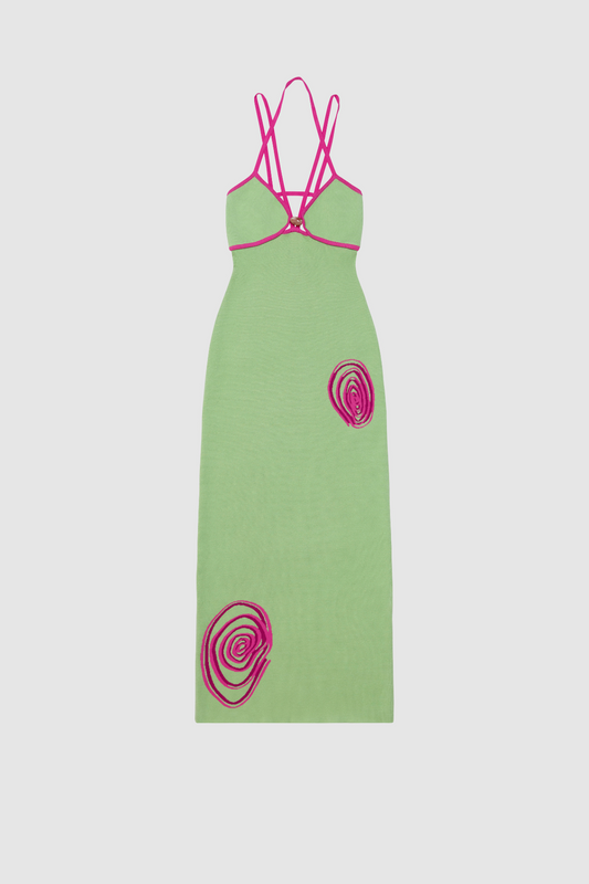Women’s Sage Green Espiral Knit Dress in soft viscose with sea-inspired intarsia motifs contrast straps gem bead detail and body-hugging fit.