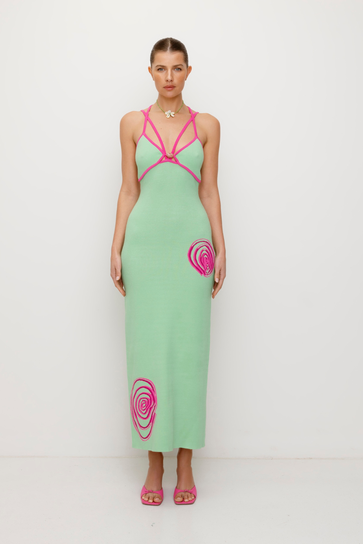 Women’s Sage Green Espiral Knit Dress in soft viscose with sea-inspired intarsia motifs contrast straps gem bead detail and body-hugging fit.