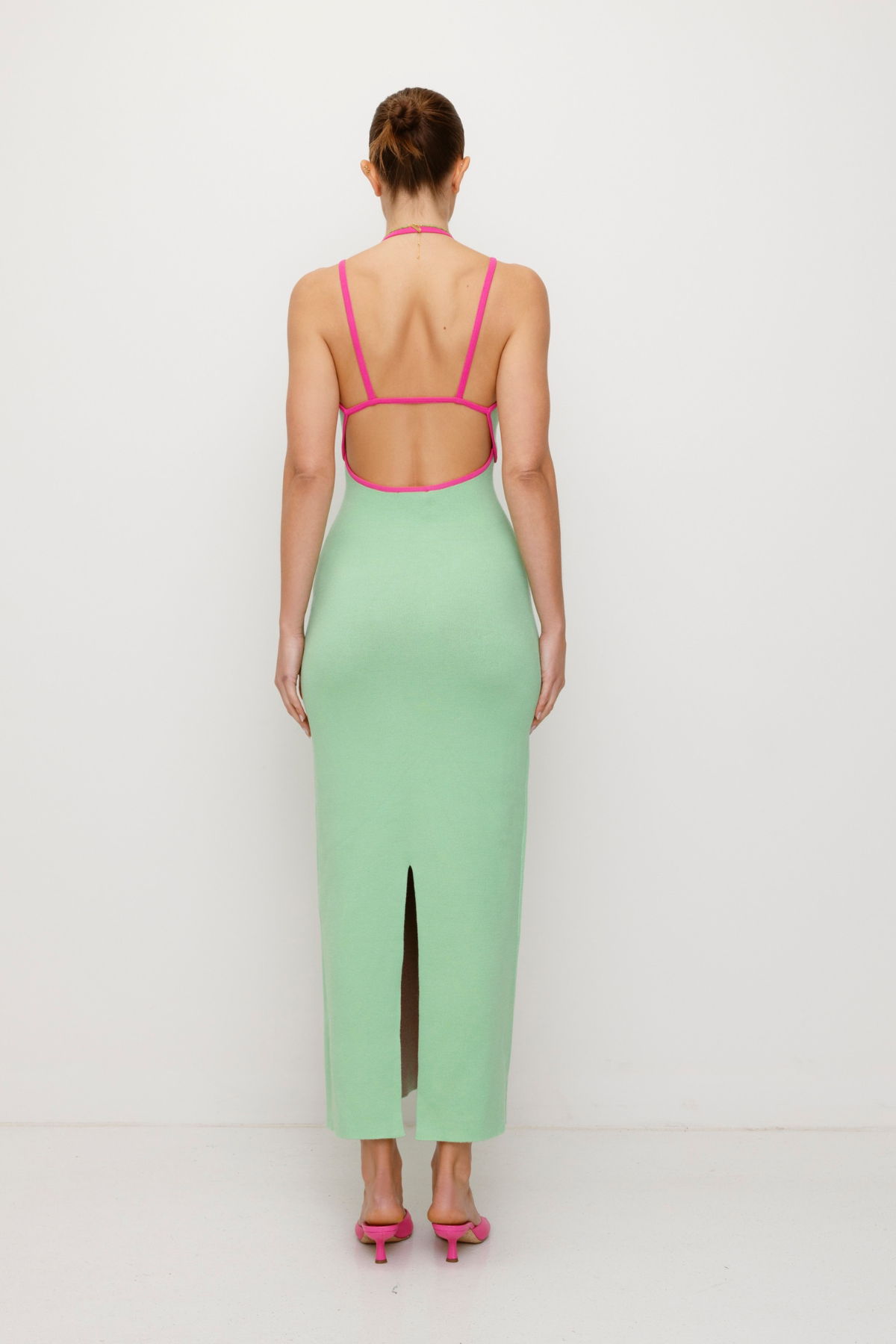 Women’s Sage Green Espiral Knit Dress in soft viscose with sea-inspired intarsia motifs contrast straps gem bead detail and body-hugging fit.