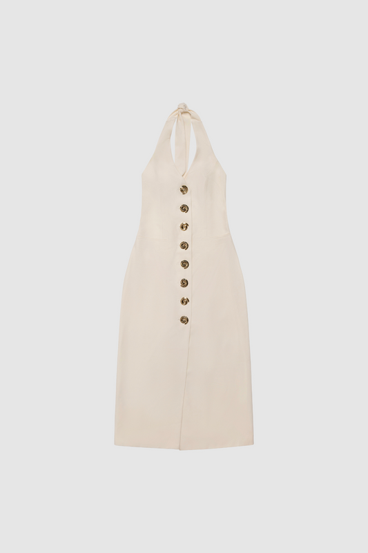 Women’s fitted maxi vest style dress in Ivory White with halter neck tie back gold swirl detailing and invisible back zip for a flattering fit and perfect for brides.