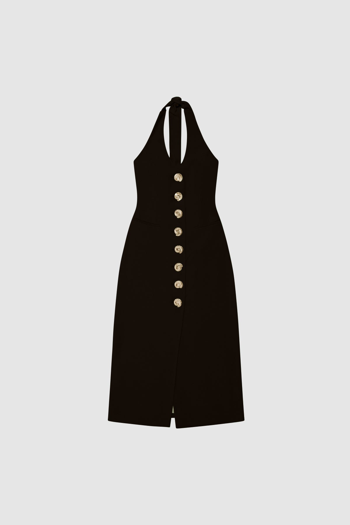 Women’s fitted maxi vest style dress in Noir Black with halter neck tie back gold swirl detailing and invisible back zip for a flattering fit