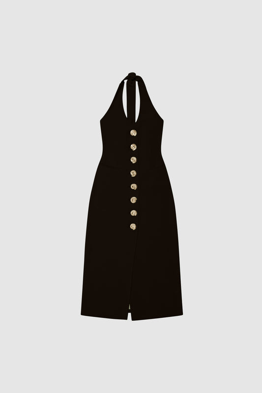 Women’s fitted maxi vest style dress in Noir Black with halter neck tie back gold swirl detailing and invisible back zip for a flattering fit