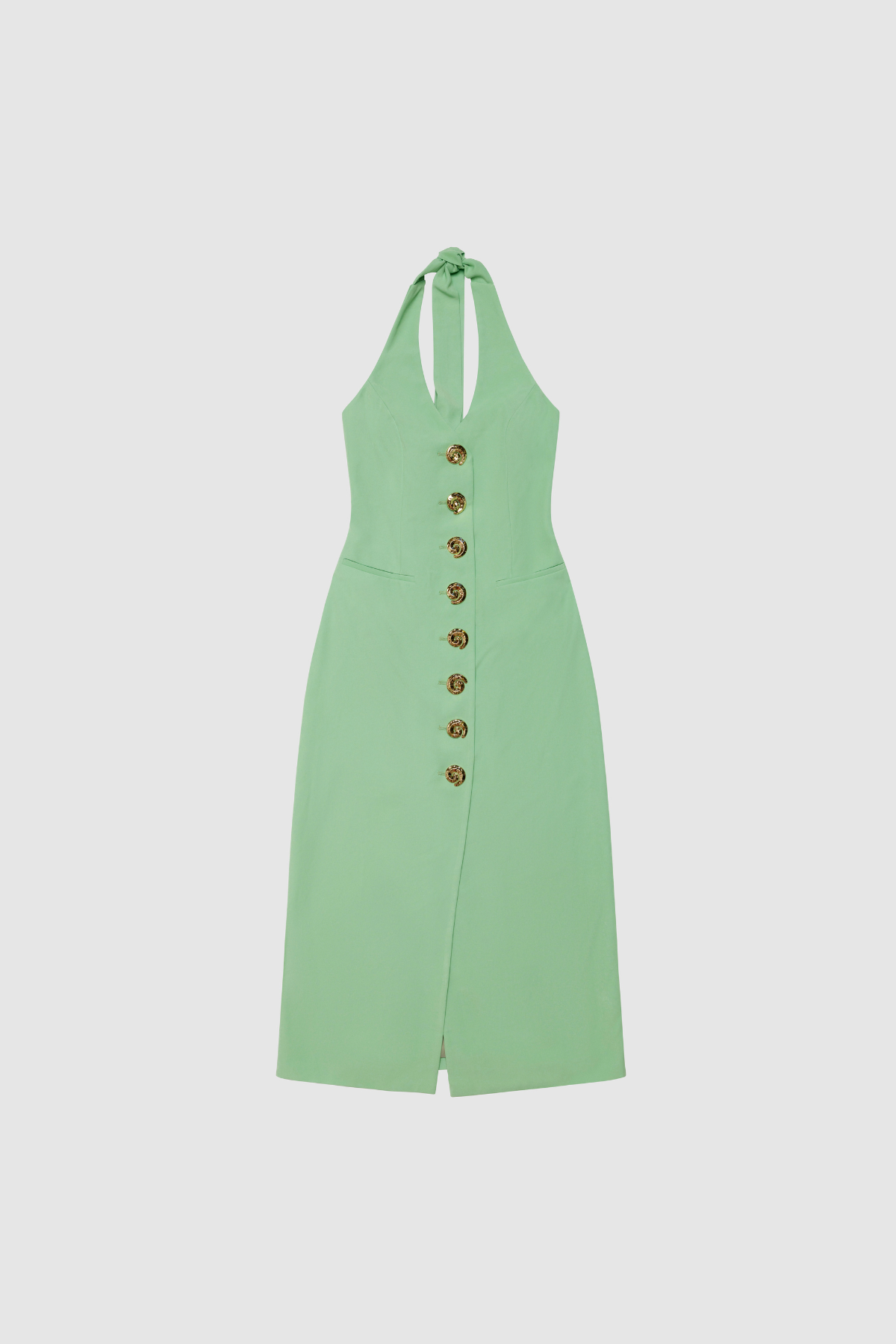 Women’s fitted maxi vest style dress in Sage Green with halter neck tie back gold swirl detailing and invisible back zip for a flattering fit.