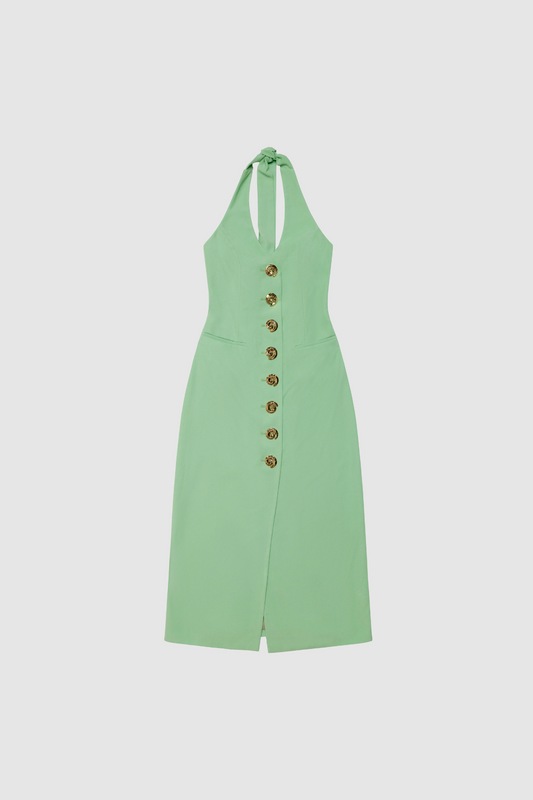 Women’s fitted maxi vest style dress in Sage Green with halter neck tie back gold swirl detailing and invisible back zip for a flattering fit.
