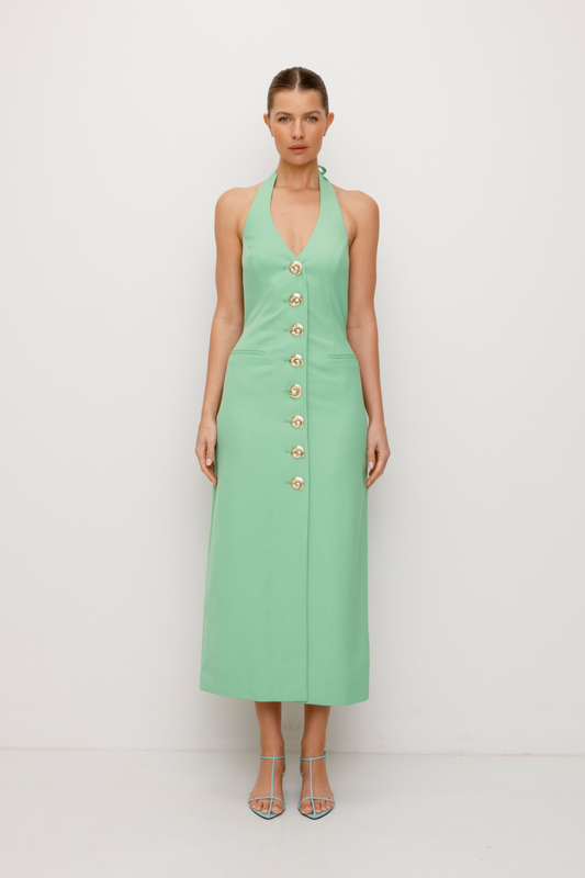 Women’s fitted maxi vest style dress in Sage Green with halter neck tie back gold swirl detailing and invisible back zip for a flattering fit