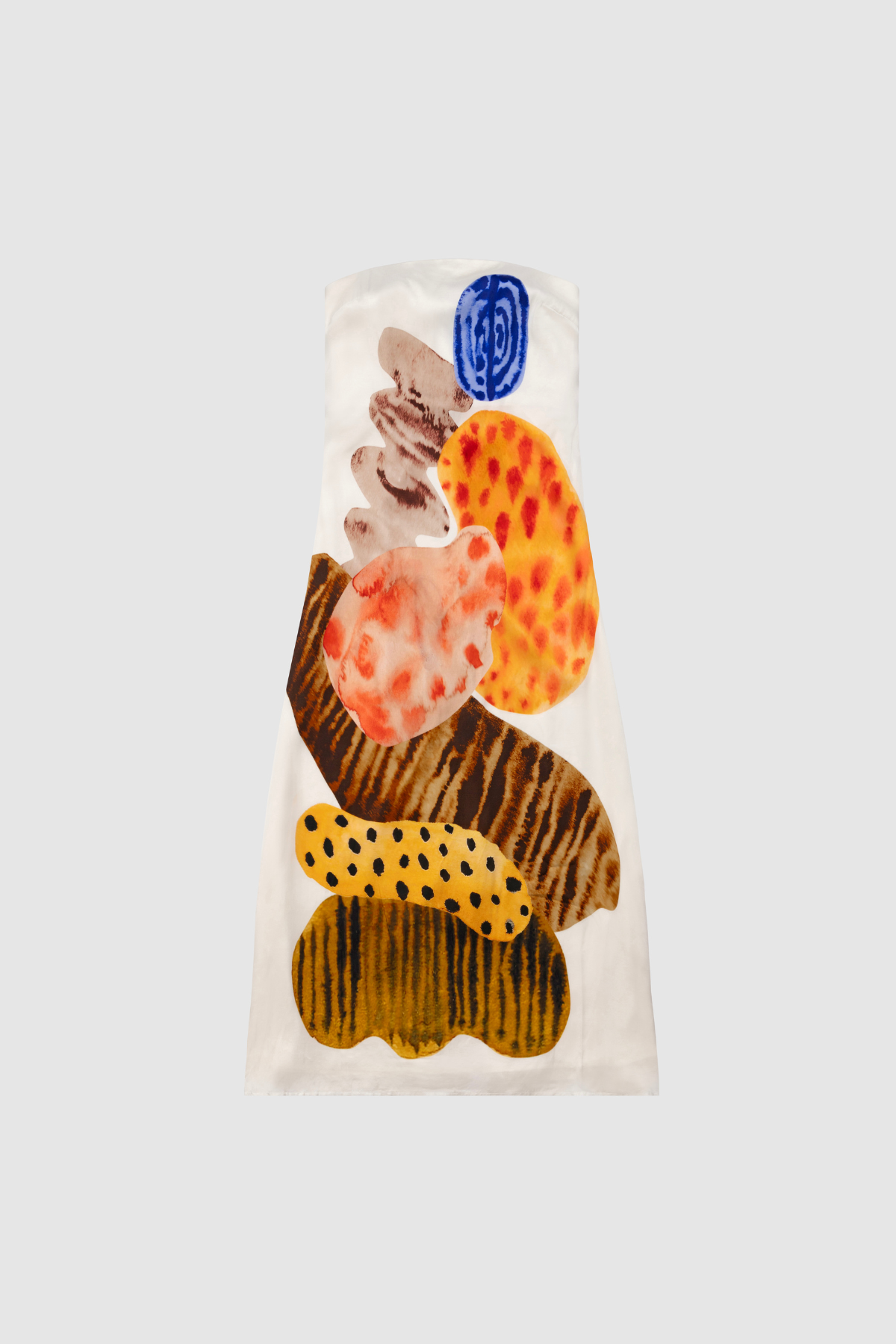 Women’s strapless White Kora Maxi Dress with asymmetric cowl neckline, abstract print, and invisible zip—perfect for events or long lunches.