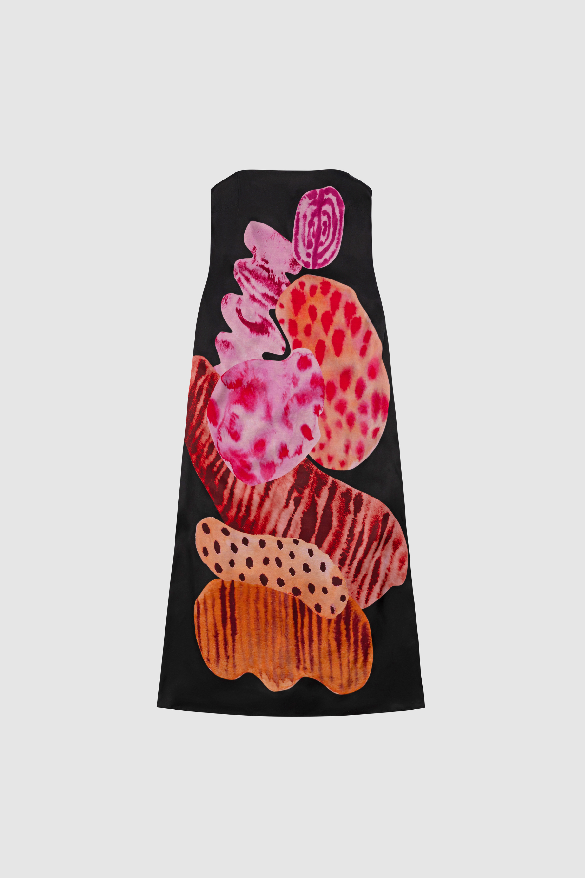 Women’s strapless Black Noir Kora Maxi Dress with asymmetric cowl neckline, abstract print, and invisible zip—perfect for events or long lunches.