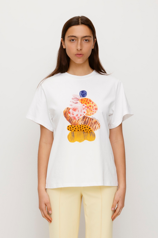 Women’s White Kora T-Shirt in 100 percent cotton with abstract TWG graphic beaded 3D embroidery and easy relaxed fit for everyday wear.