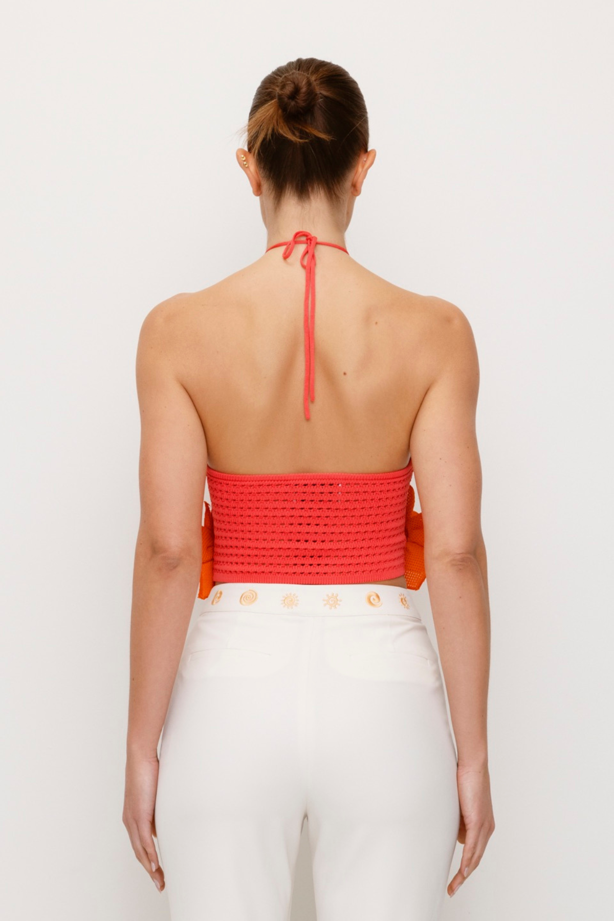 Women’s Pink & Orange La Monada Knit Top with 3D crocheted flower embellishments halter neckline open weave and full coverage body-hugging fit