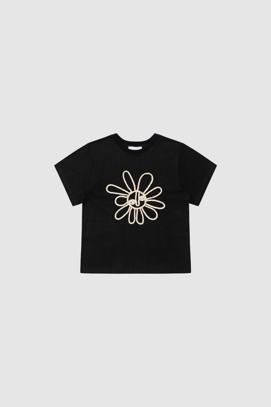 Black cotton t-shirt with rope embroidery and relaxed fit.