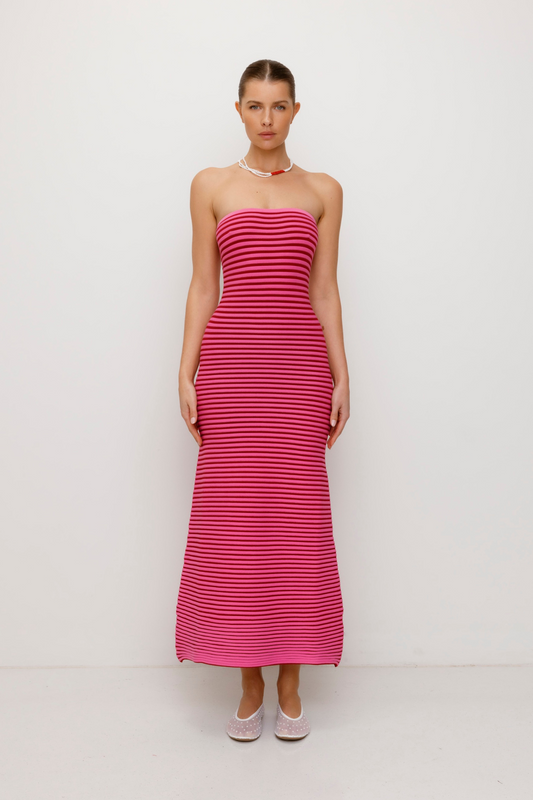 Pink strapless tonal stripe knit maxi dress with body-con fit, perfect for maternity or event wear.