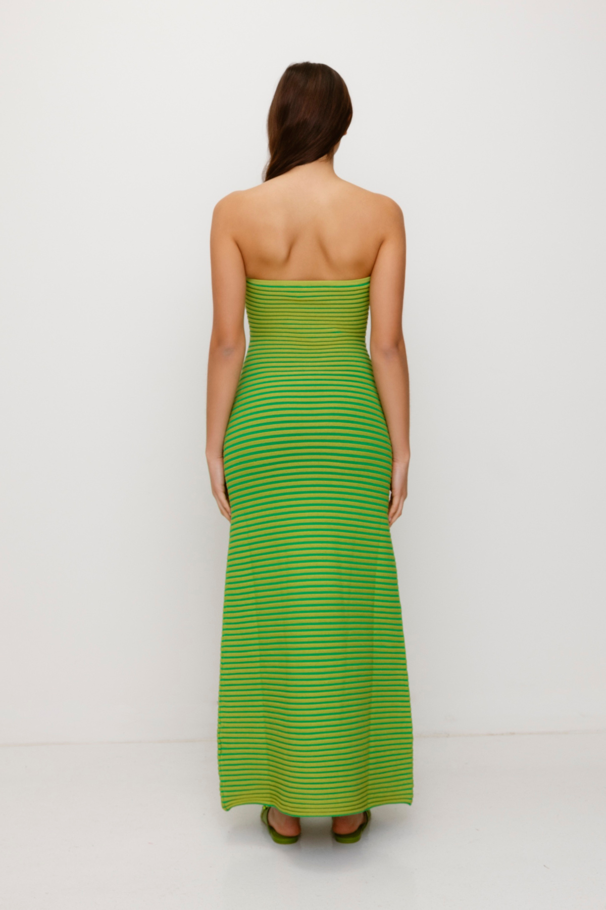 Lime green strapless tonal stripe knit maxi dress with body-con fit, perfect for maternity or event wear.