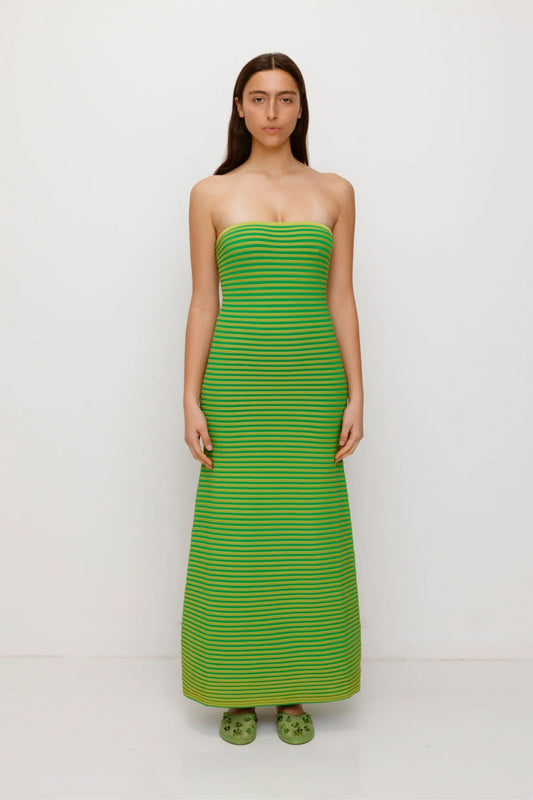 Lime green strapless tonal stripe knit maxi dress with body-con fit, perfect for maternity or event wear.