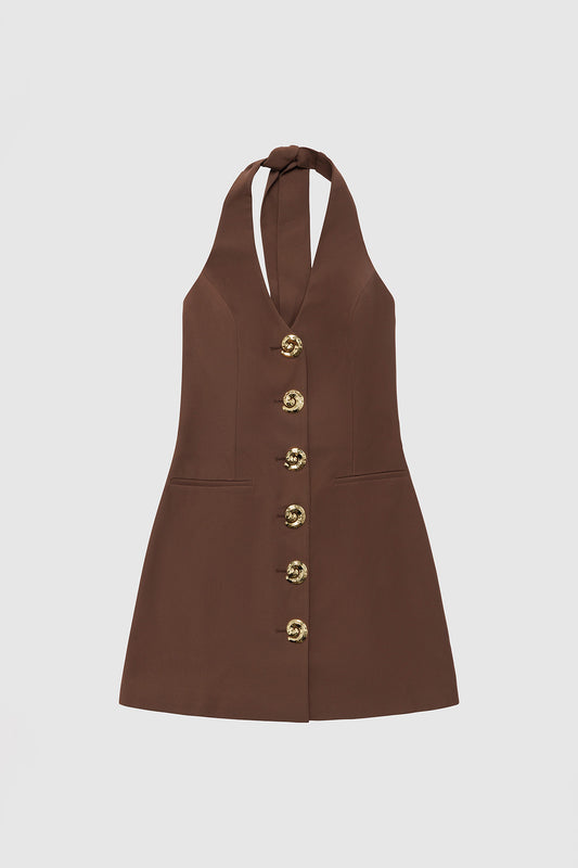 Best-selling women’s Chocolate Brown Irida mini halter neck vest dress with gold swirl buttons, tie-back, and front welt pocket—wear alone or with matching pants.